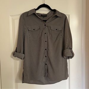 Elementz Women’s Black & Tan Striped Button-Up Roll Tab Long Sleeve Top (Size M)